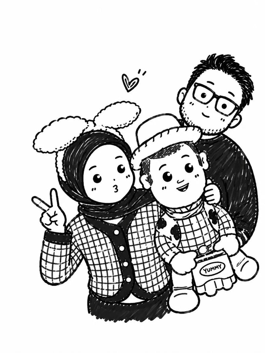 Turn the uploaded photo into a cute black-and-white hand-drawn doodle illustrati