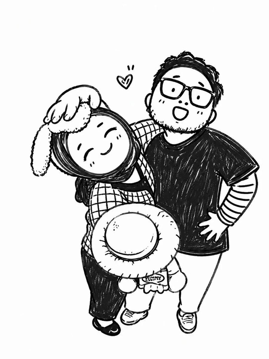 Turn the uploaded photo into a cute black-and-white hand-drawn doodle illustrati