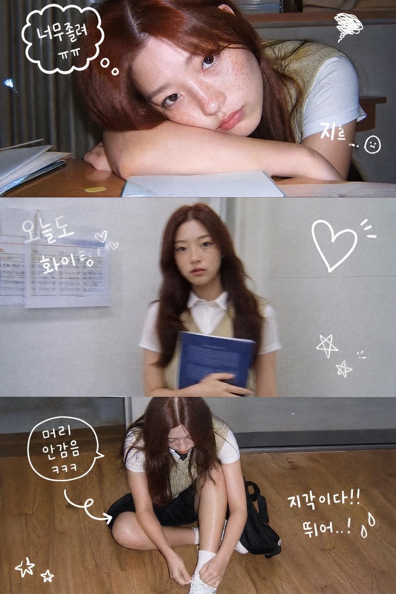 {"layout":"vertical 3-panel college photo strip","subject":"girl with long hair 