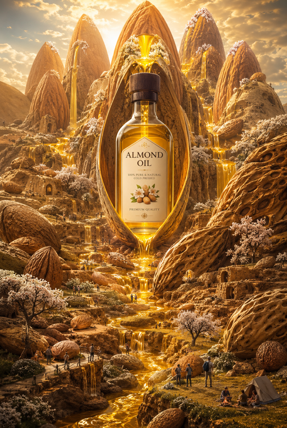 Epic surreal advertising artwork showcasing a luxurious coconut oil bottle as th