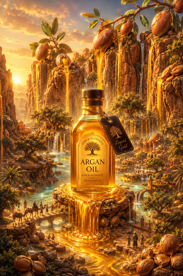 Epic surreal advertising artwork showcasing a luxurious coconut oil bottle as th