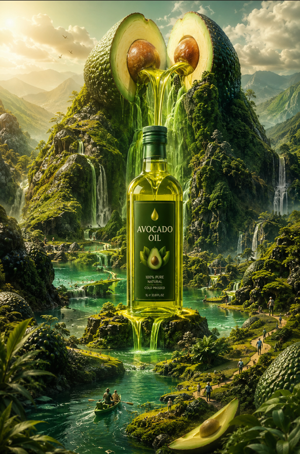 Epic surreal advertising artwork showcasing a luxurious coconut oil bottle as th