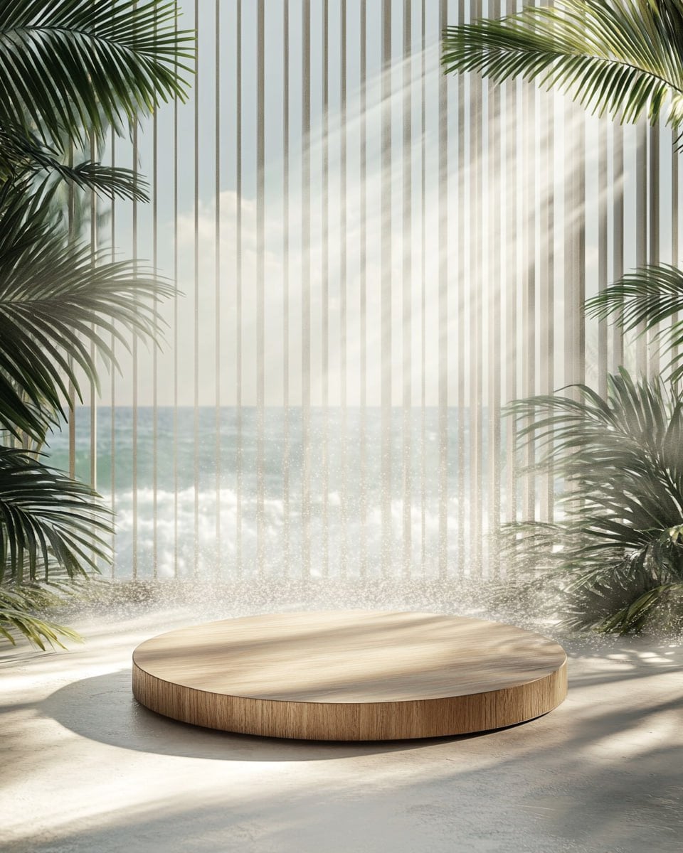 A mockup of a round wooden podium on the floor, against a backdrop of vertical g
