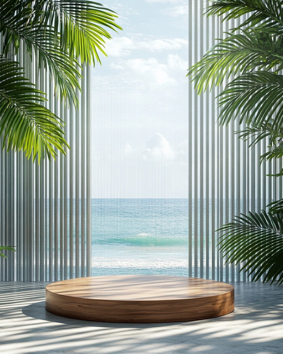 A mockup of a round wooden podium on the floor, against a backdrop of vertical g