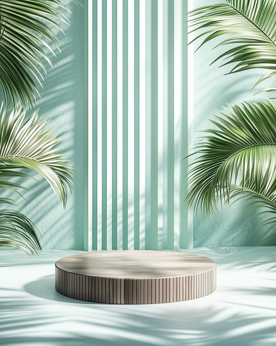 A mockup of a round wooden podium on the floor, against a backdrop of vertical g