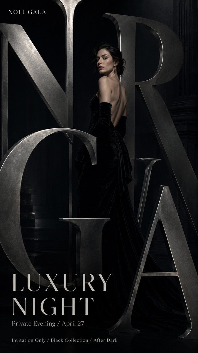 Create a high-end luxury fashion campaign mockup with strong typography, realist