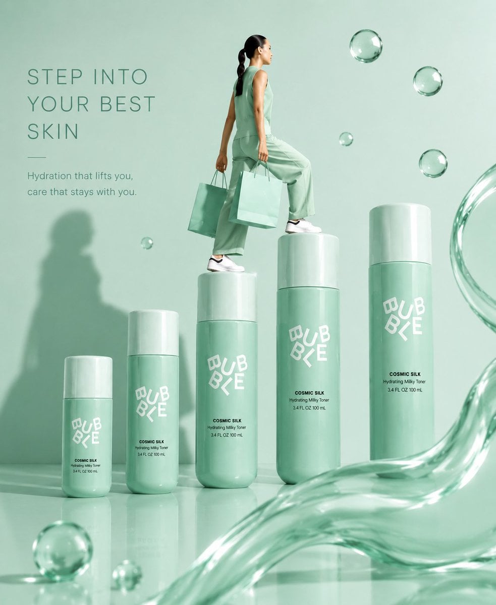 (Luxury skincare product advertisement), (cool mint-green pastel theme), premium