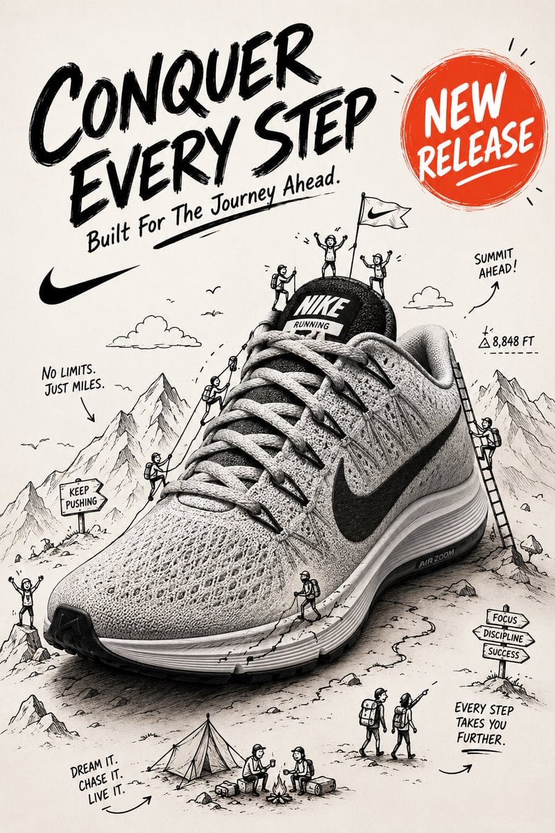 Create a premium mixed-media advertising poster in vertical format using the upl