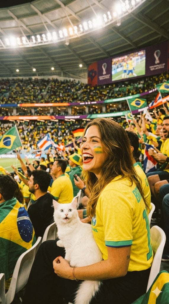 A beautiful, gorgeous young woman sitting in a packed FIFA World Cup stadium und