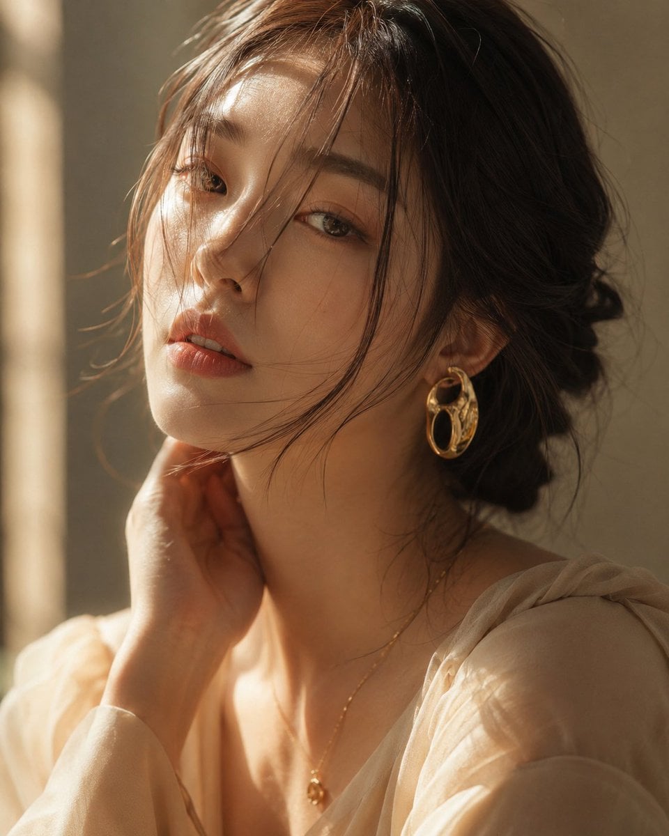 Ultra-realistic beauty portrait of a beautiful young Korean woman, soft luxury e