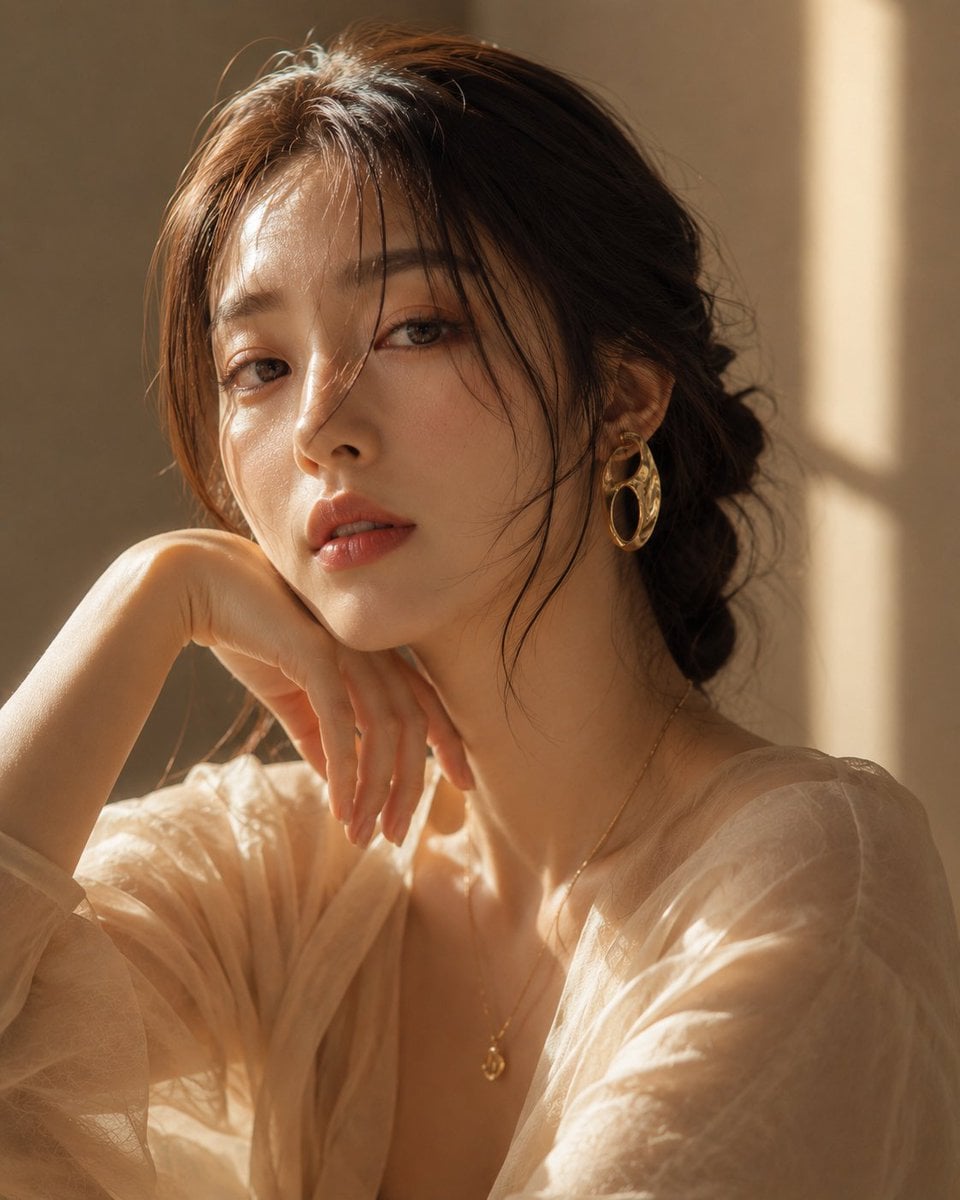 Ultra-realistic beauty portrait of a beautiful young Korean woman, soft luxury e