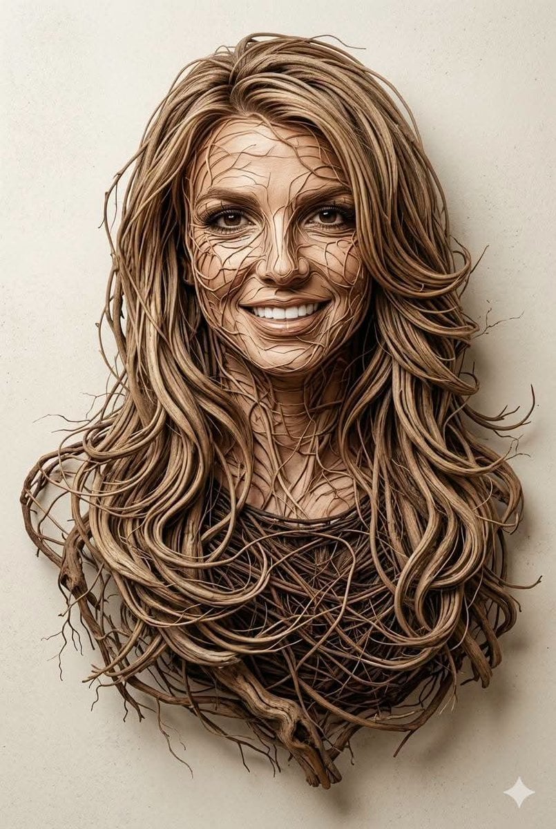 Organic sculptural portrait art made entirely from intertwined dried vines, twis