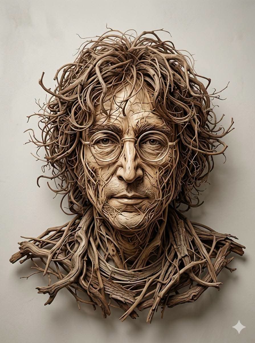 Organic sculptural portrait art made entirely from intertwined dried vines, twis