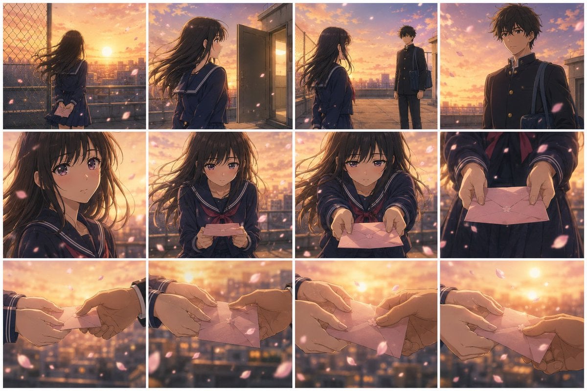 Turn the VIDEO PROMPT below into one finished storyboard contact sheet. Break th