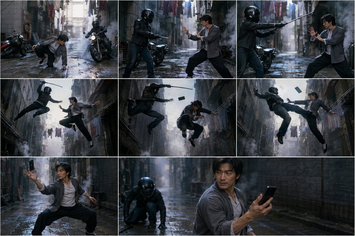 Turn the VIDEO PROMPT below into one finished storyboard contact sheet. Break th