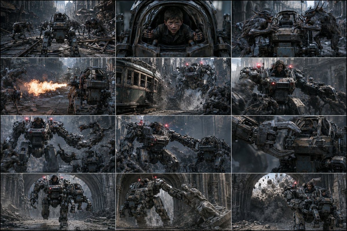Turn the VIDEO PROMPT below into one finished storyboard contact sheet. Break th