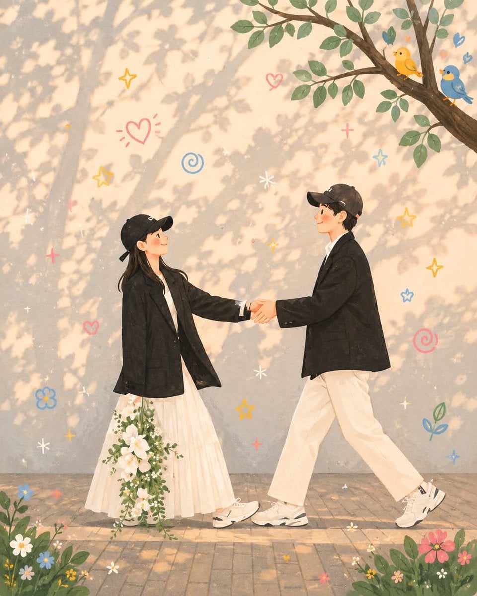 Transform this photo into a whimsical folk flat illustration with doodle element