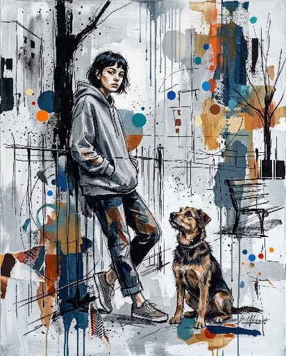 Contemporary mixed-media urban painting of [Human Name], wearing [Clothing Style