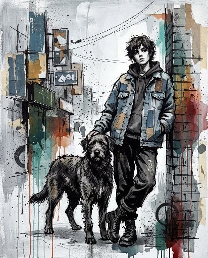 Contemporary mixed-media urban painting of [Human Name], wearing [Clothing Style