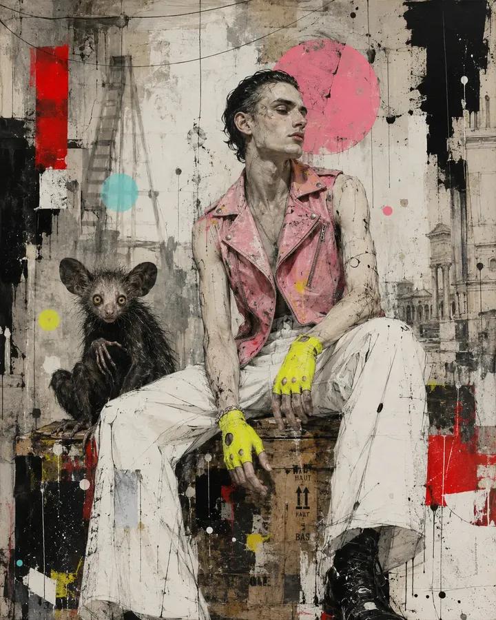 Contemporary mixed-media urban painting of [Human Name], wearing [Clothing Style