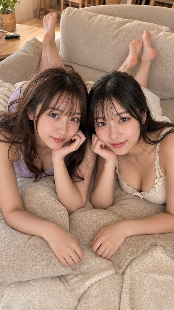 Ultra-realistic candid indoor photo of two extremely cute adult Japanese women i