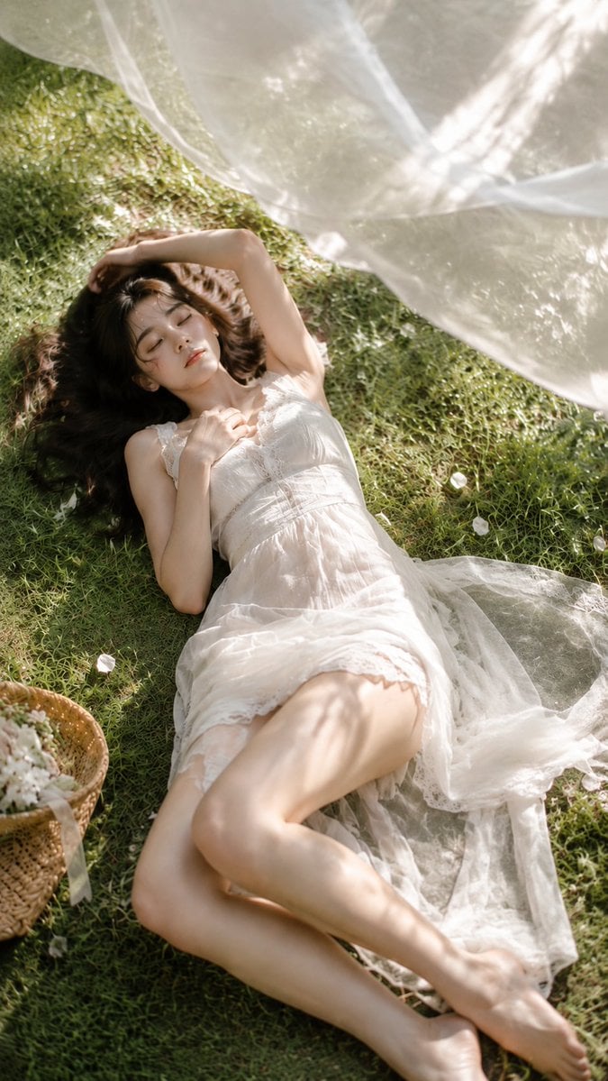 A realistic outdoor natural-light portrait of an adult young woman lying on a su