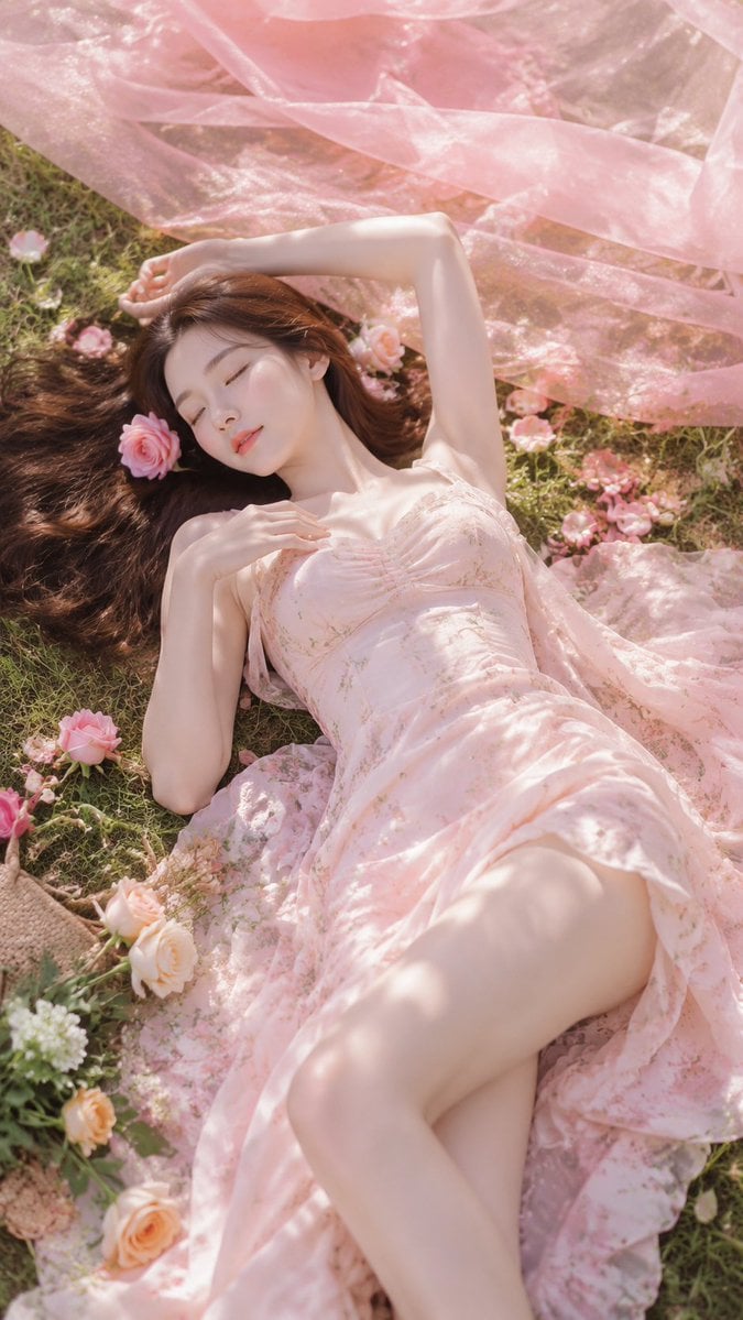 A realistic outdoor natural-light portrait of an adult young woman lying on a su