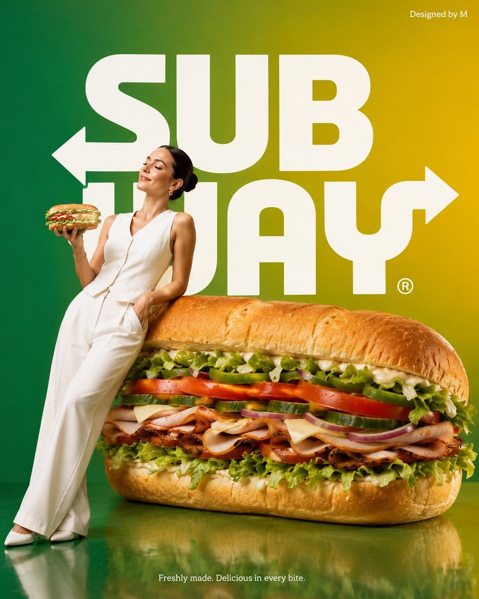 Create a minimalist commercial advertisement featuring an oversized Subway sandw
