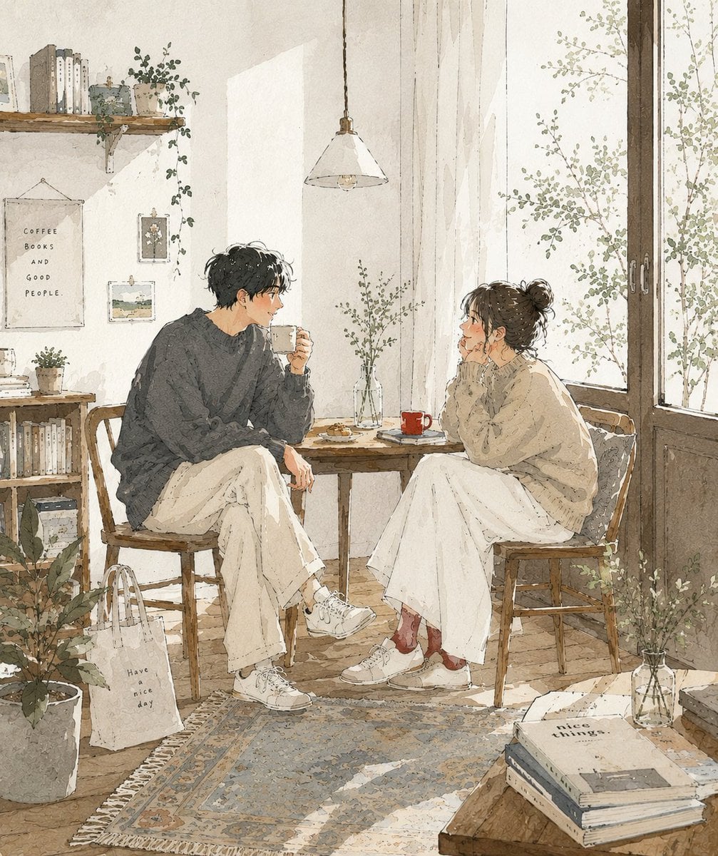 Create a delicate contemporary Japanese lifestyle illustration with a cozy slice
