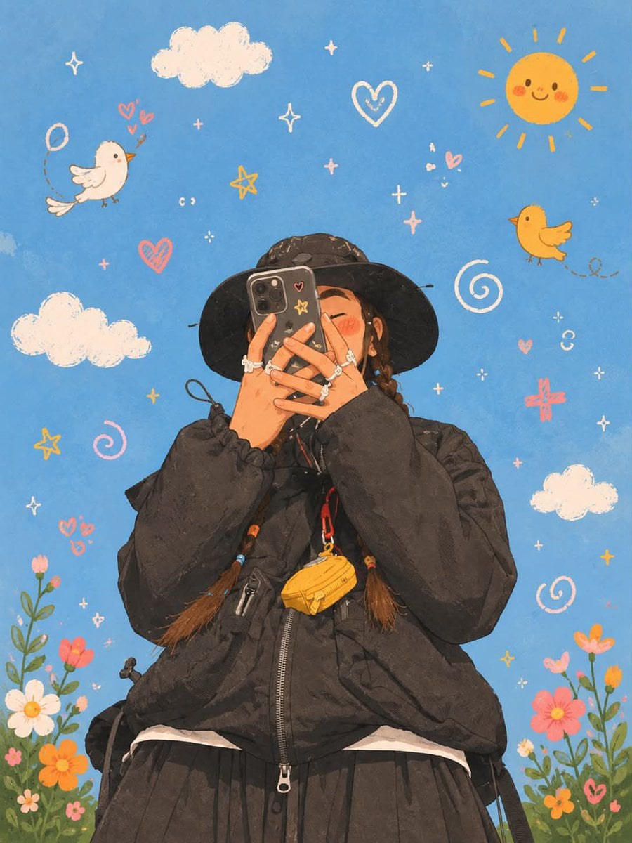 Whimsical Korean-inspired illustration, soft pastel color palette, cozy aestheti