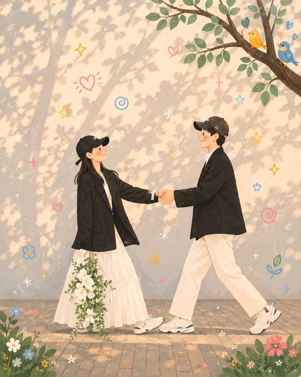 Whimsical Korean-inspired illustration, soft pastel color palette, cozy aestheti