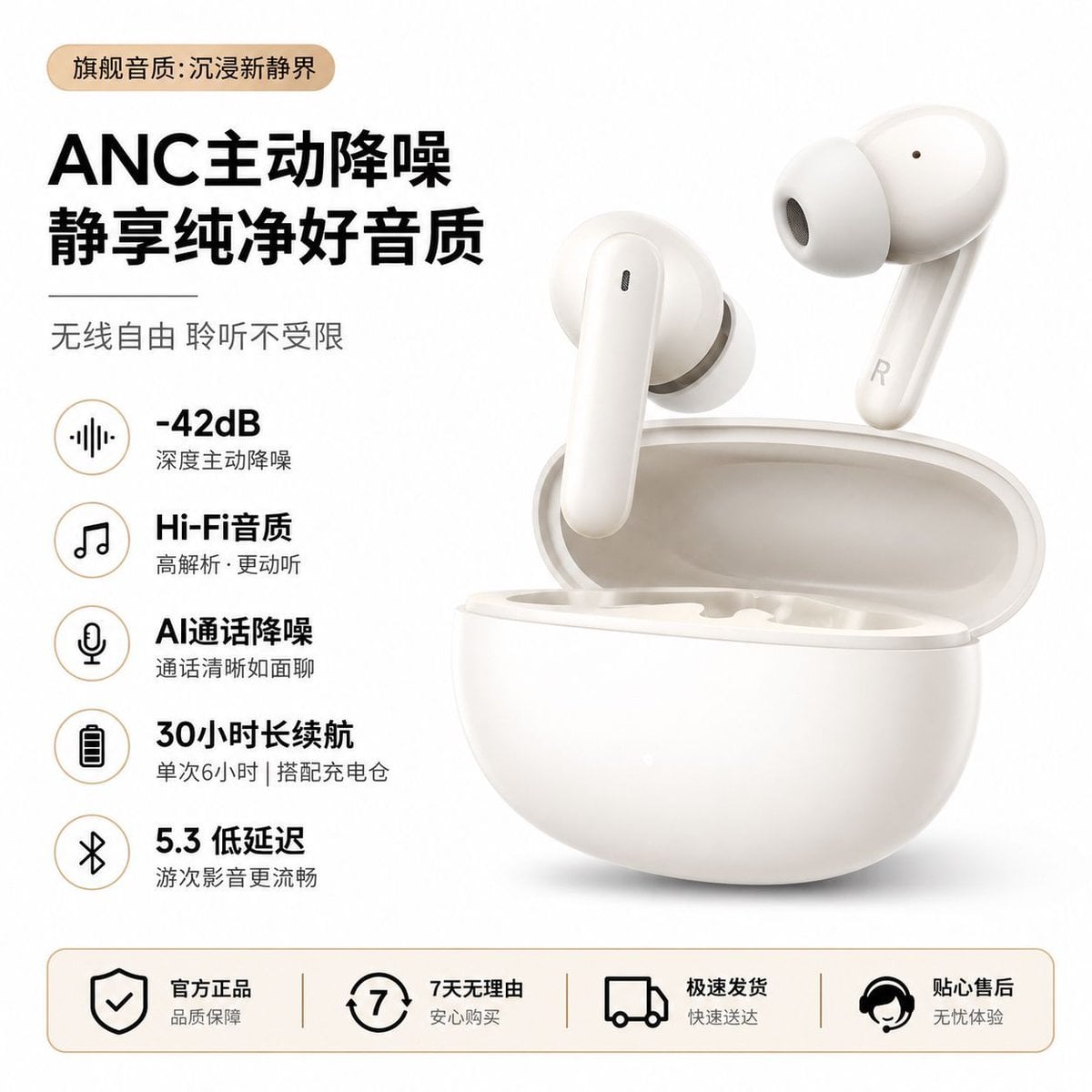 一款无线降噪耳机的电商主图，极简风格，白色背景，突出产品，加入卖点文案和图标，适合电商平台使用。