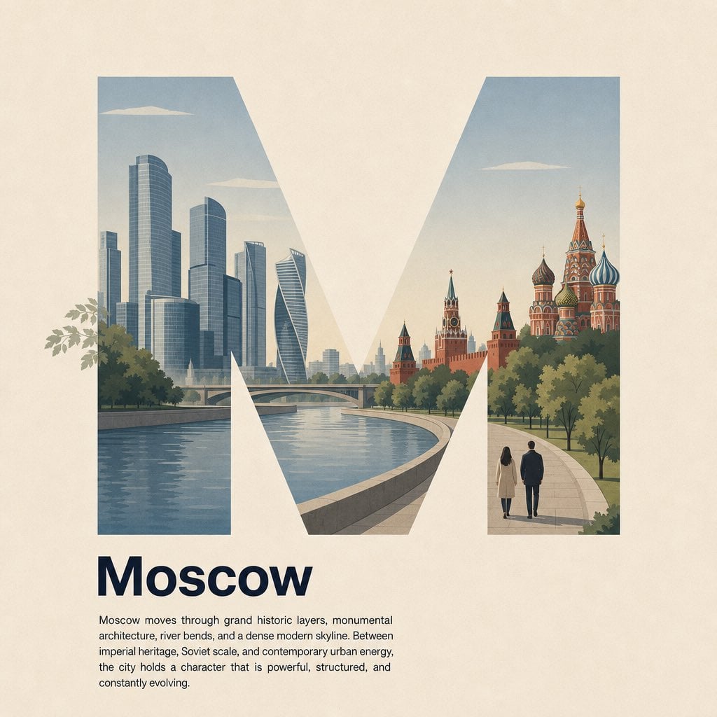 Design a contemporary Swiss Style editorial poster for Moscow, Russia. Use a lar