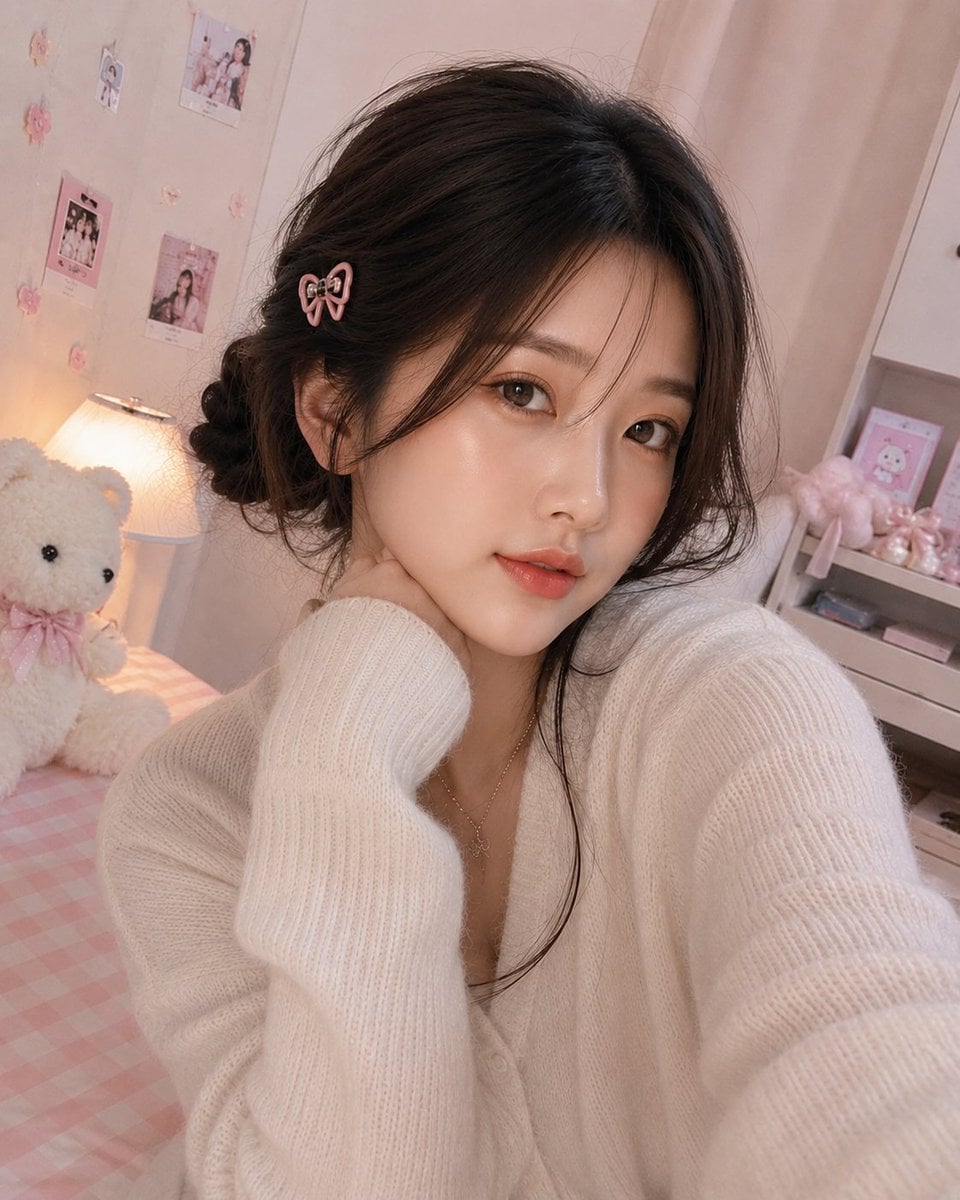 Ultra-realistic close-up indoor selfie portrait of a beautiful woman (Face given