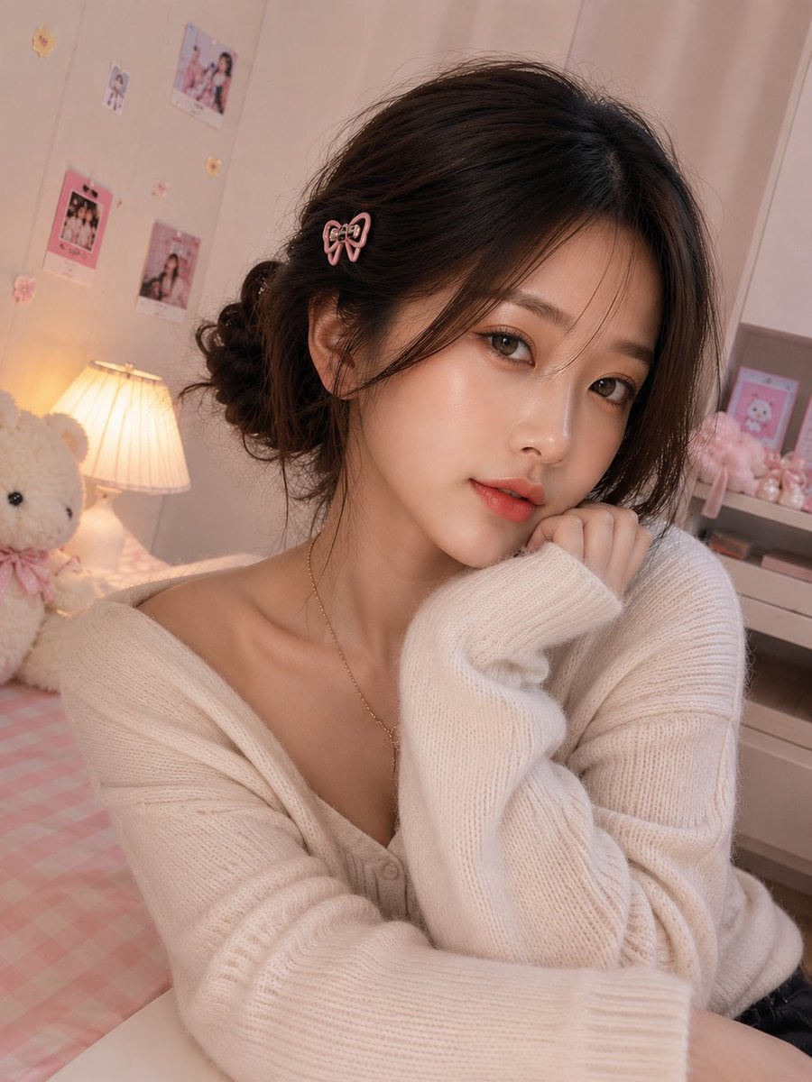 Ultra-realistic close-up indoor selfie portrait of a beautiful woman (Face given
