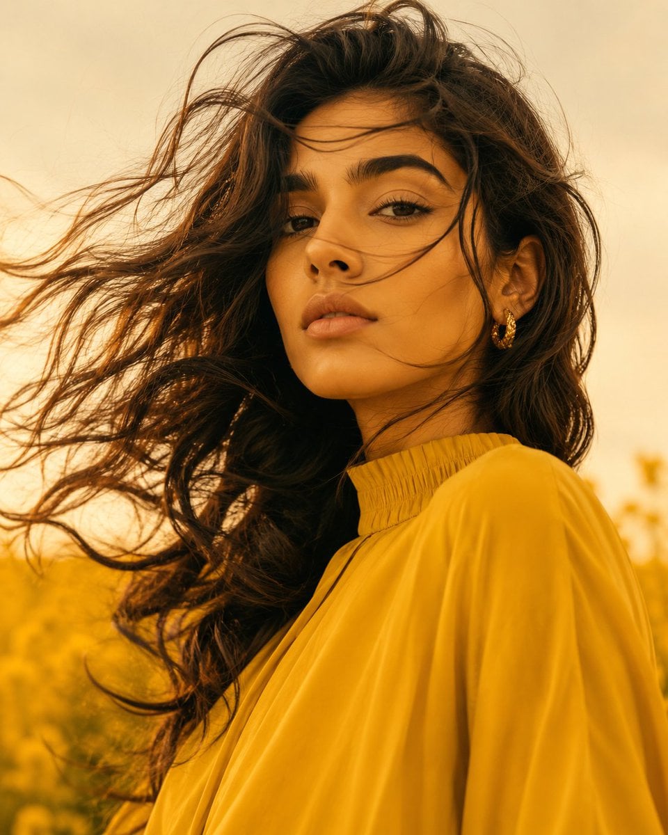 Full-body fashion editorial shot, woman in monochromatic mustard-yellow oversize