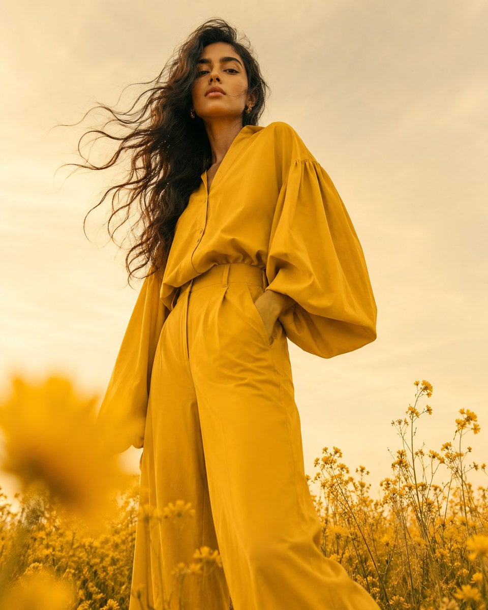 Full-body fashion editorial shot, woman in monochromatic mustard-yellow oversize