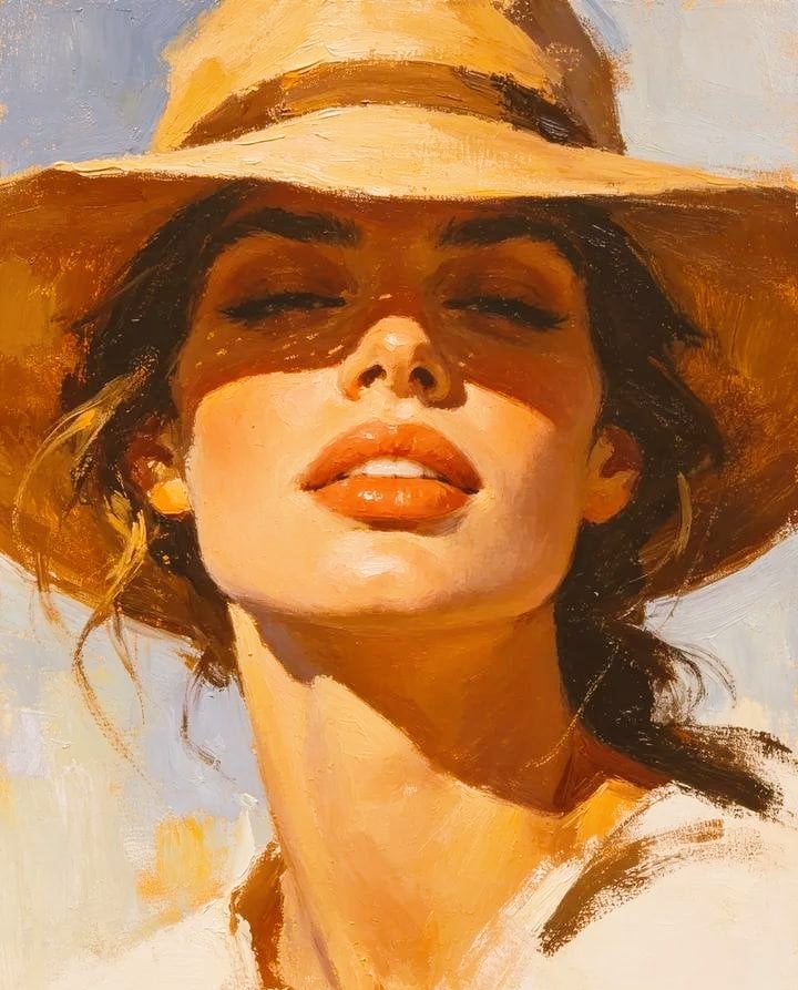 Masterpiece oil painting portrait of a beautiful young woman wearing a wide-brim
