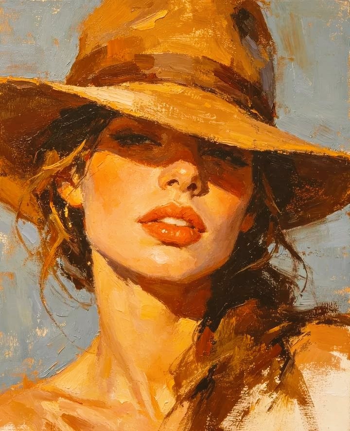 Masterpiece oil painting portrait of a beautiful young woman wearing a wide-brim