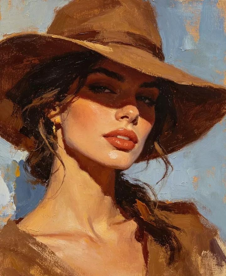 Masterpiece oil painting portrait of a beautiful young woman wearing a wide-brim