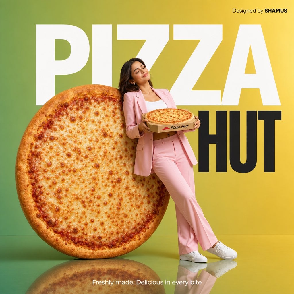 Create a minimalist commercial advertisement featuring an oversized cheese pizza