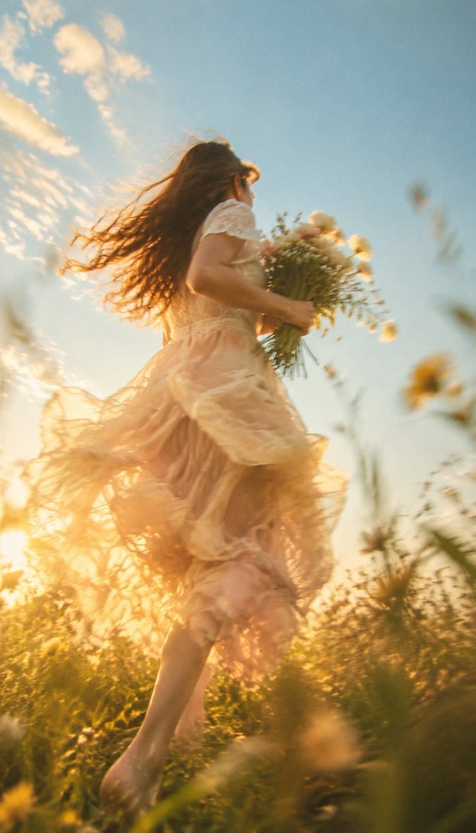 Create a 9:16 vertical dreamy slow-shutter garden portrait photography image tit