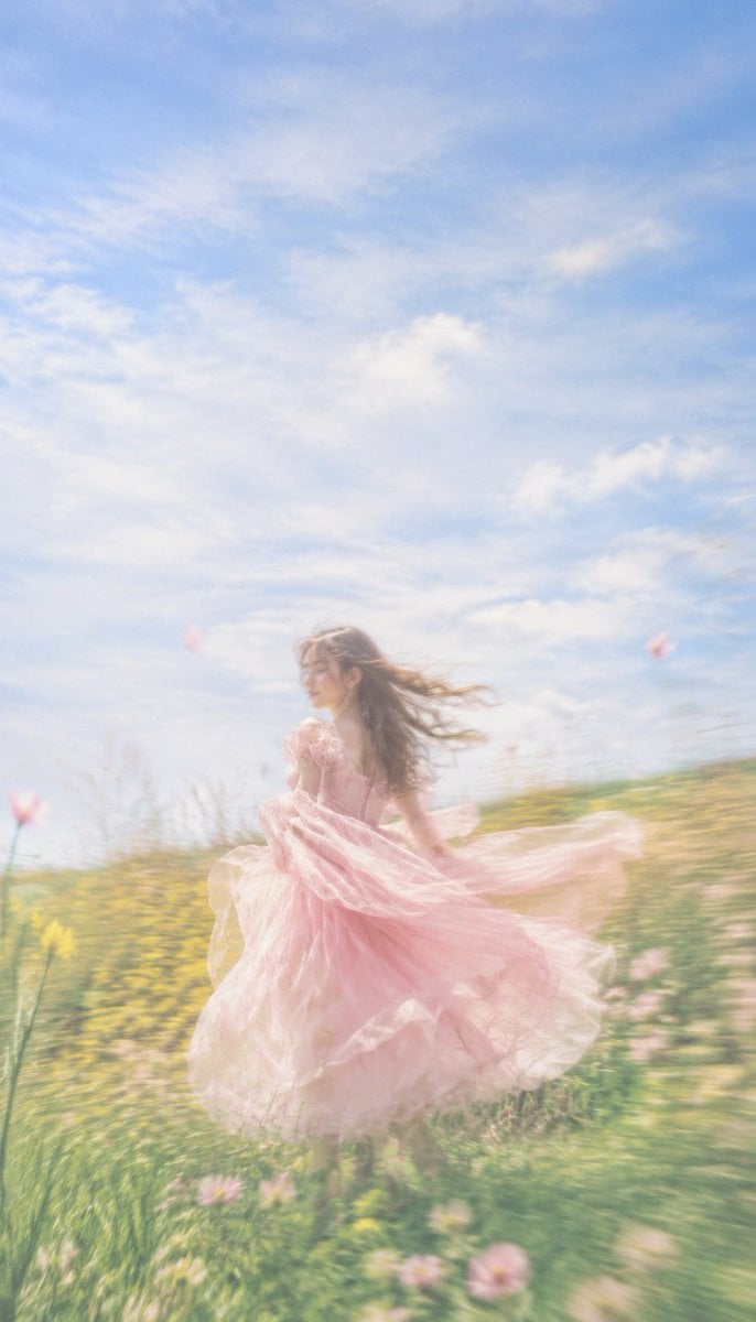 Create a 9:16 vertical dreamy slow-shutter garden portrait photography image tit