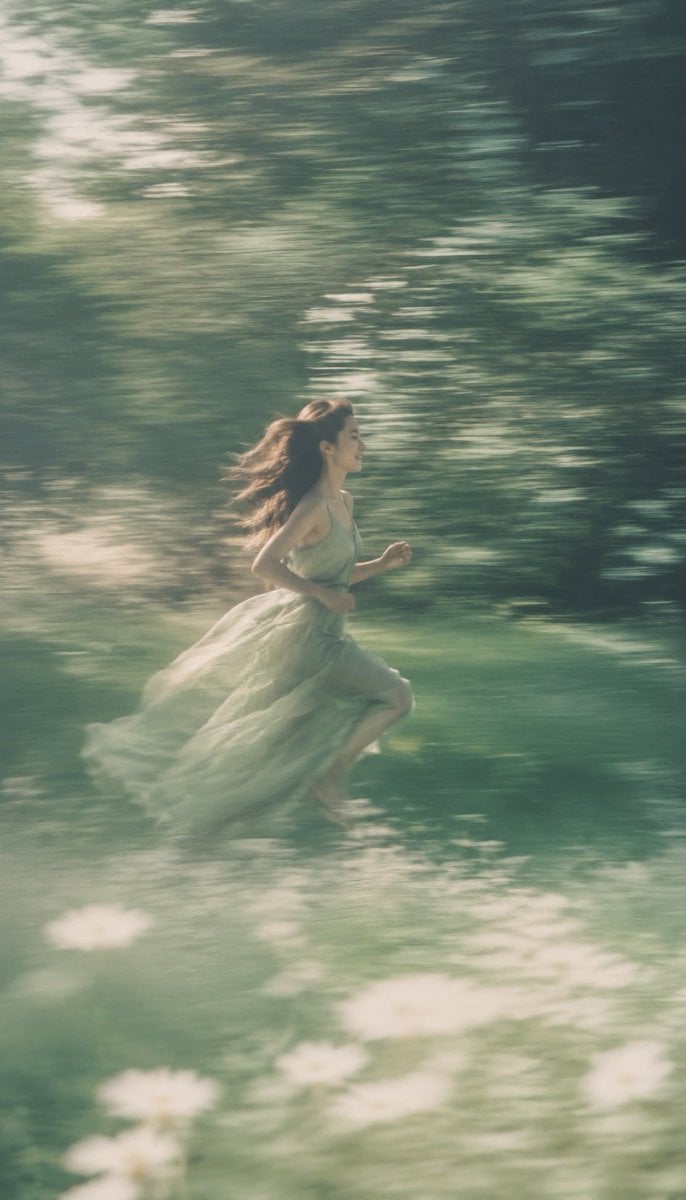 Create a 9:16 vertical dreamy slow-shutter garden portrait photography image tit