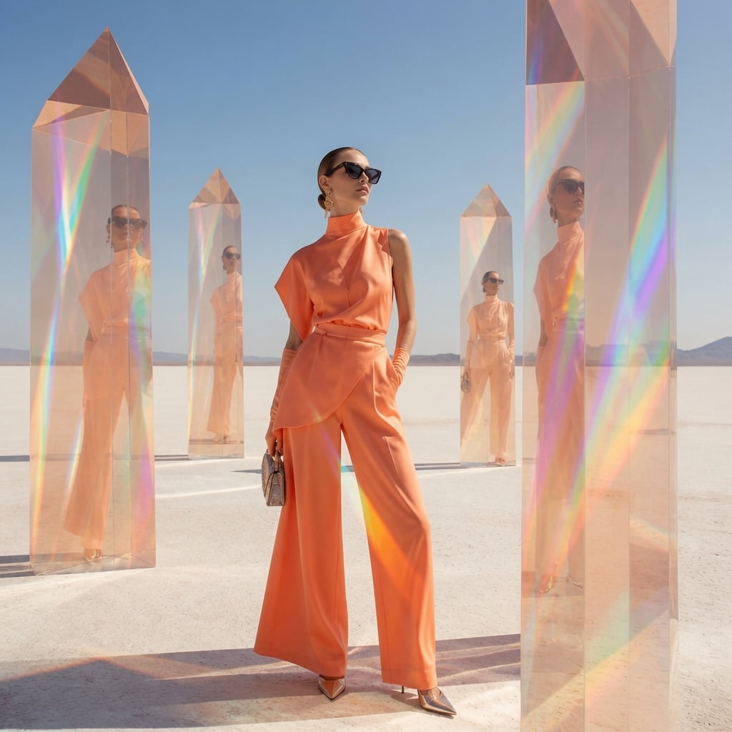 A world-class luxury fashion campaign set in a vast minimalist white desert, whe