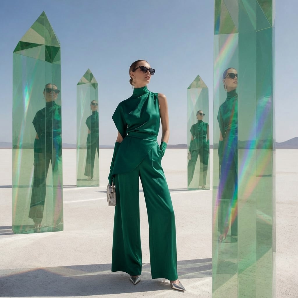 A world-class luxury fashion campaign set in a vast minimalist white desert, whe