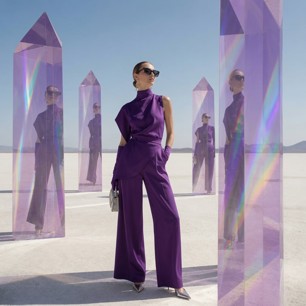 A world-class luxury fashion campaign set in a vast minimalist white desert, whe