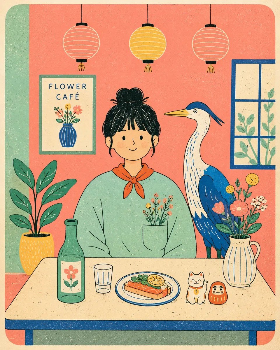 Flat modern risograph-style poster illustration of [Human], wearing [Clothing], 