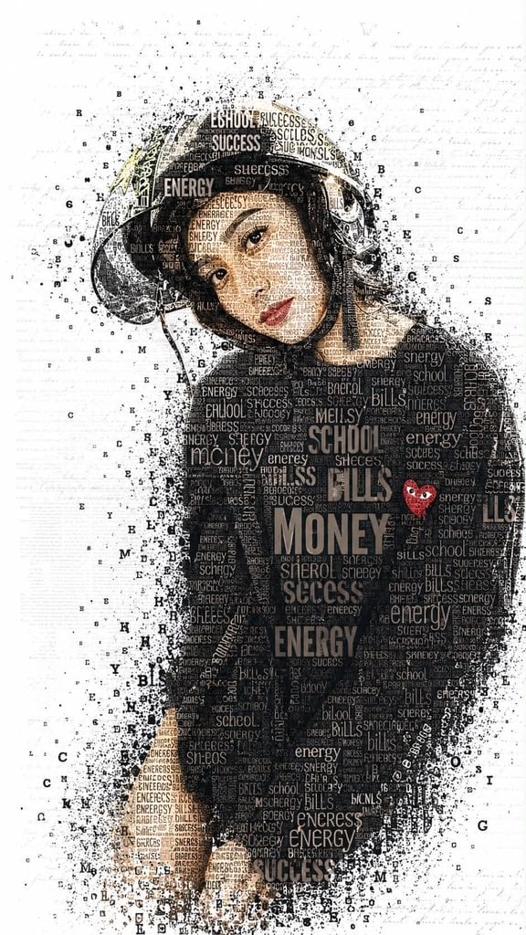 A striking typographic portrait of a young woman with a thoughtful, three-quarte