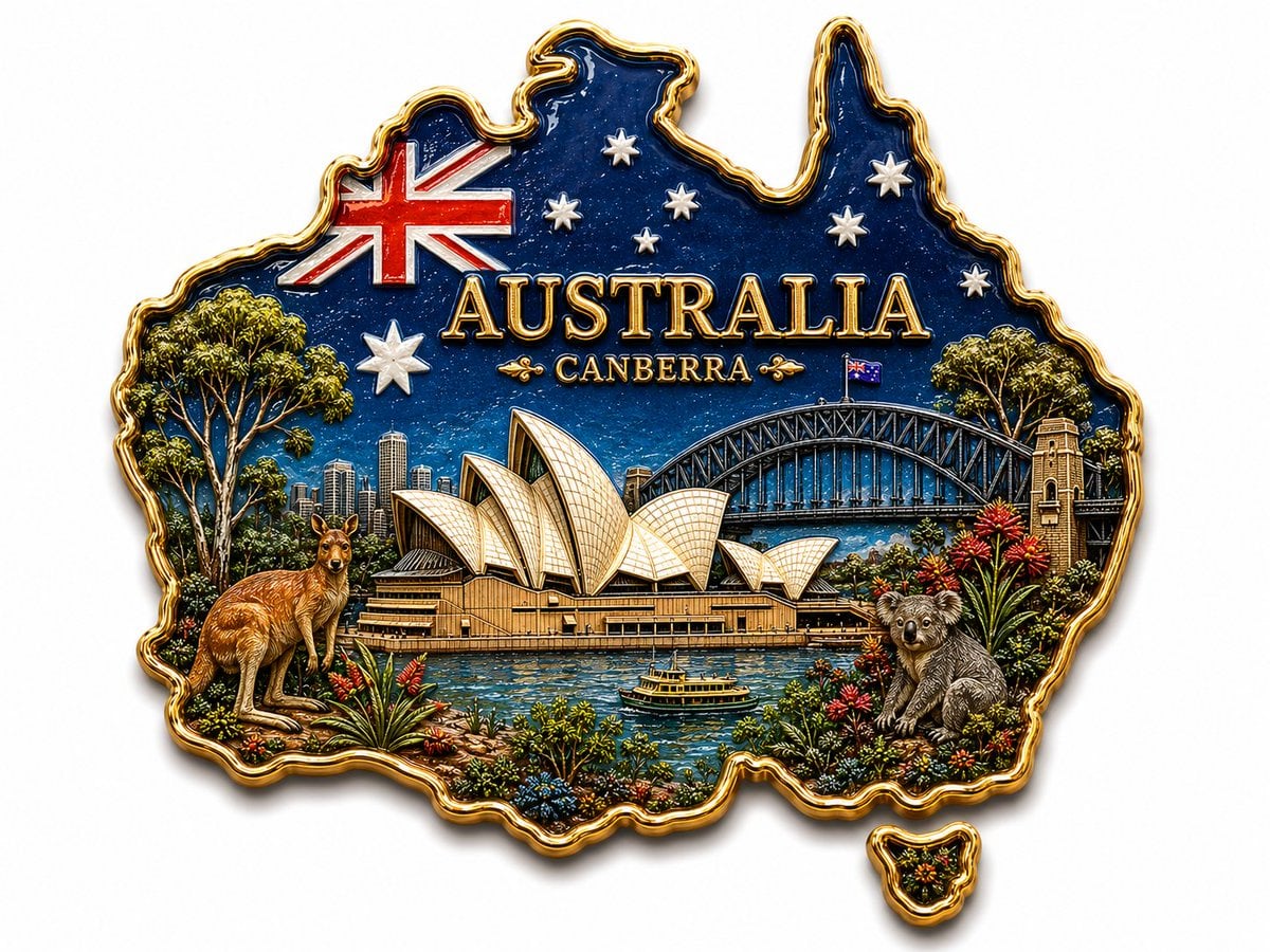 Ultra-detailed 3D souvenir fridge magnet in the exact shape of the map outline o